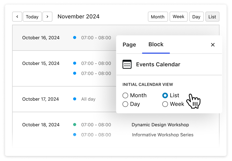 Your Events in Month, Week, Day, and List Views